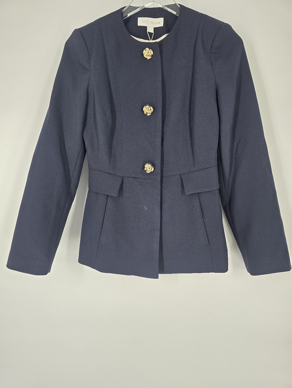 Zara Navy Blue Peplum Blazer Gold Buttons Size S NEW